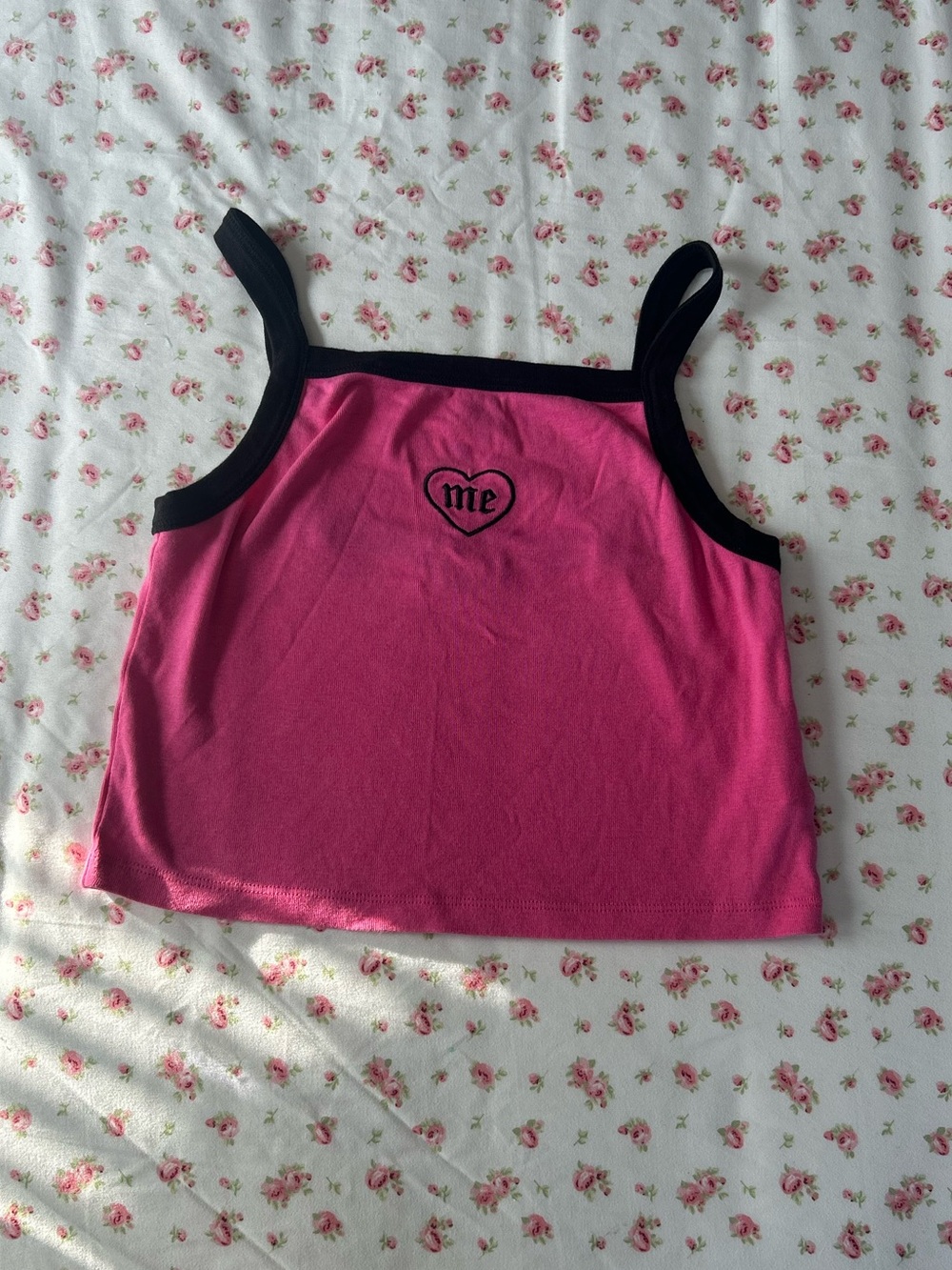 Forever 21 Hot Pink Tank with Black Trim and Heart Embroidery